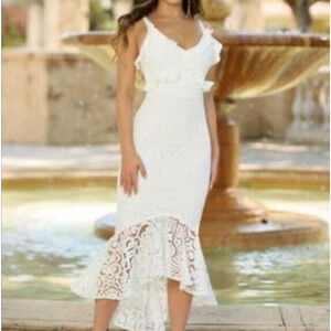 Angel Biba Lace Ruffle Midi Wedding Dress White Women's Small